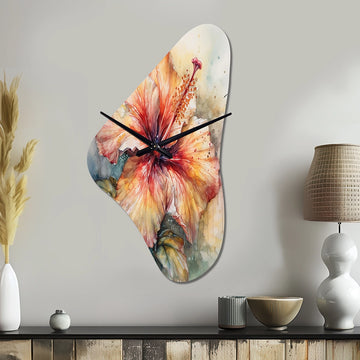 Orange Grey Hibiscus Euphoria II - Asymmetric Metal Wall Clock